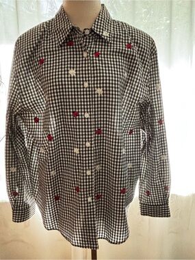 Teddi Black & White Gingham Embroidered Daisies & Ladybug Button-Up Shirt size L